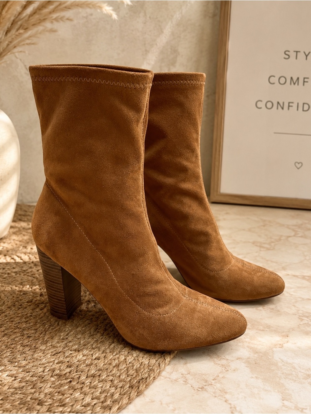Bonnibel Cognac Tan Faux Suede Mid-Ankle High Block Heel Booties Size 10